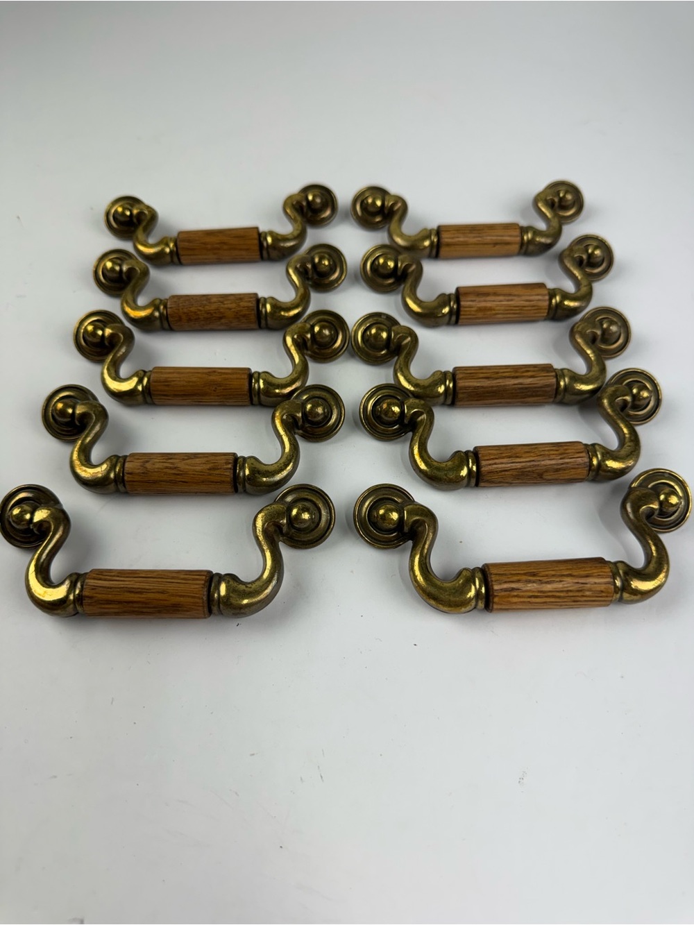 Lot of 10 Brass and Oak Bail Drawer Pulls Vintage Cottage Core Country